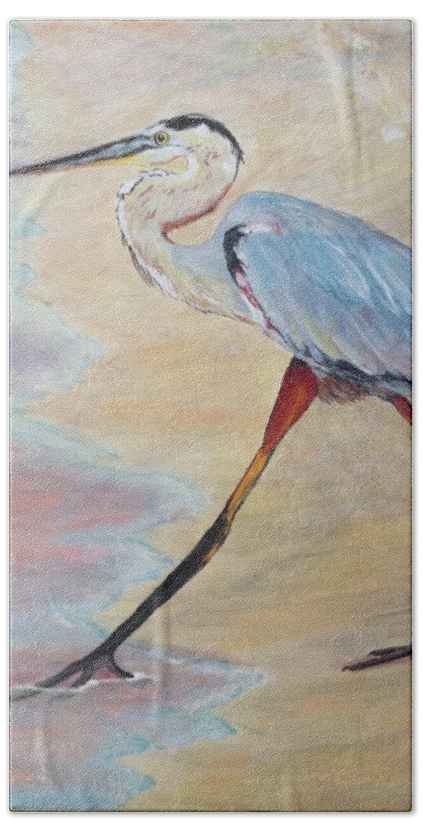 Heron Beach Towel featuring the painting Testing the Water by Donna Tucker