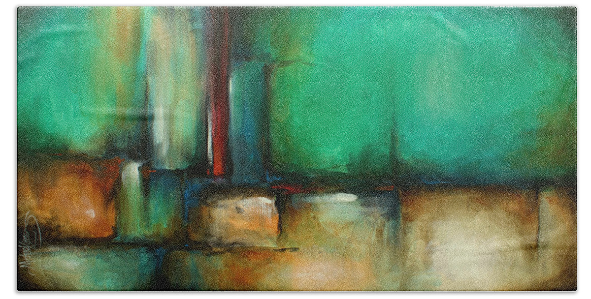 Abstract Beach Towel featuring the painting Tethered Green by Michael Lang