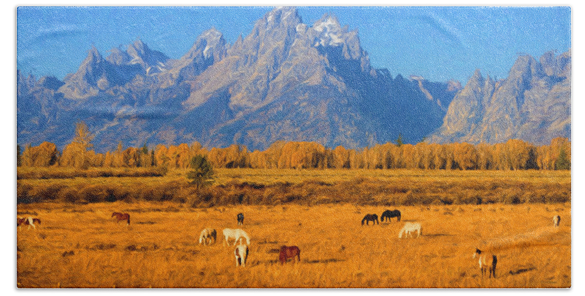 Tetons Beach Towel featuring the photograph Tetons and Horses by Greg Norrell