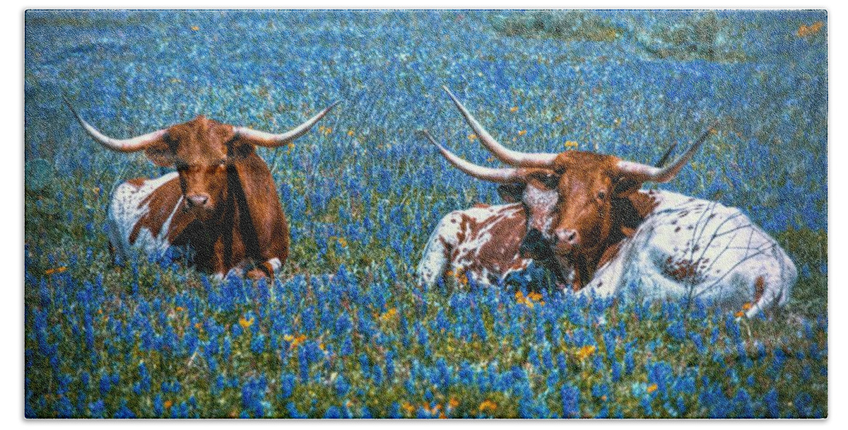 Longhorn Beach Sheet featuring the digital art Texas in Blue by Linda Unger
