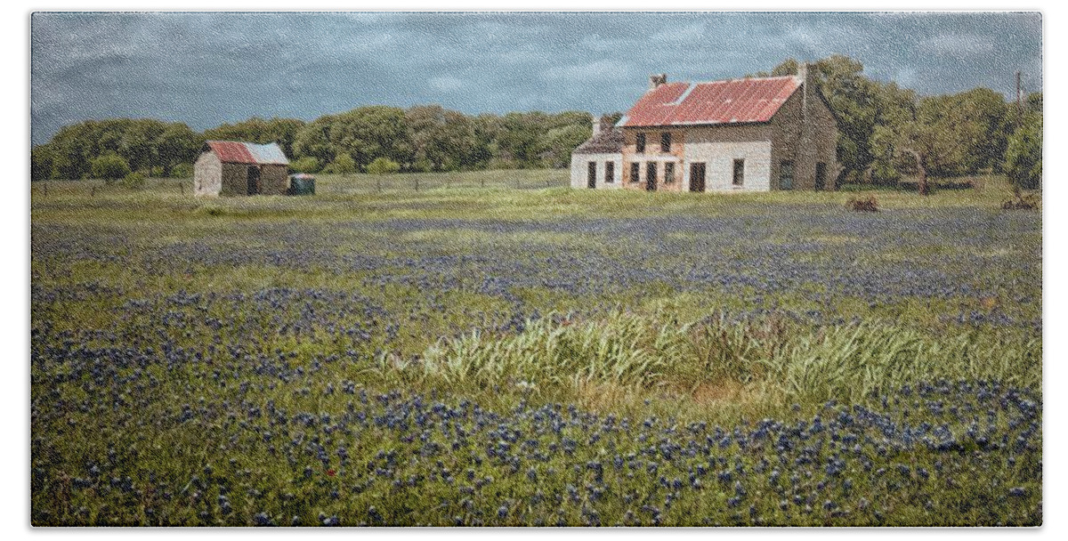 Bluebonnets Beach Towel featuring the photograph Texas Stone House by Linda Unger