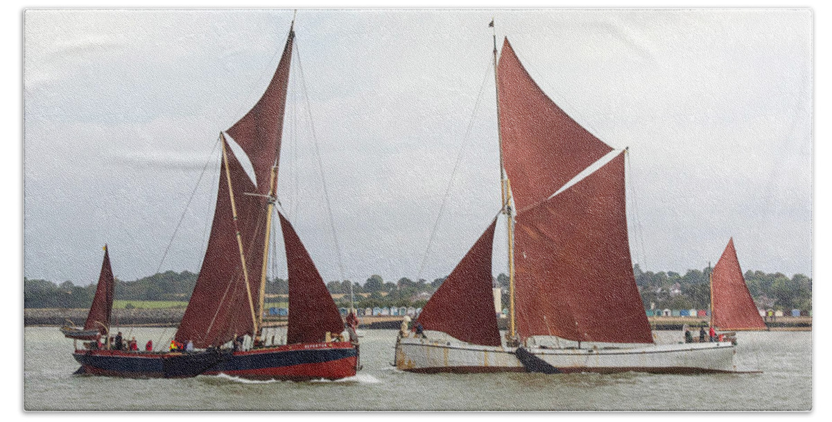  Thames Sailing Barges Beach Towel featuring the photograph Thames sailing barges Repertor and Reminder by Gary Eason