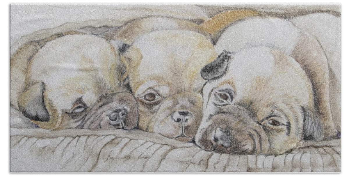 Puppies Beach Towel featuring the pastel The 3 puppies by Teresa Smith