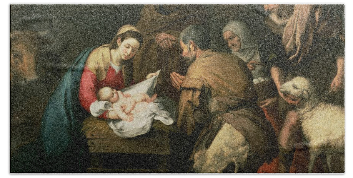 Adoration Beach Towel featuring the painting The Adoration of the Shepherds by Bartolome Esteban Murillo