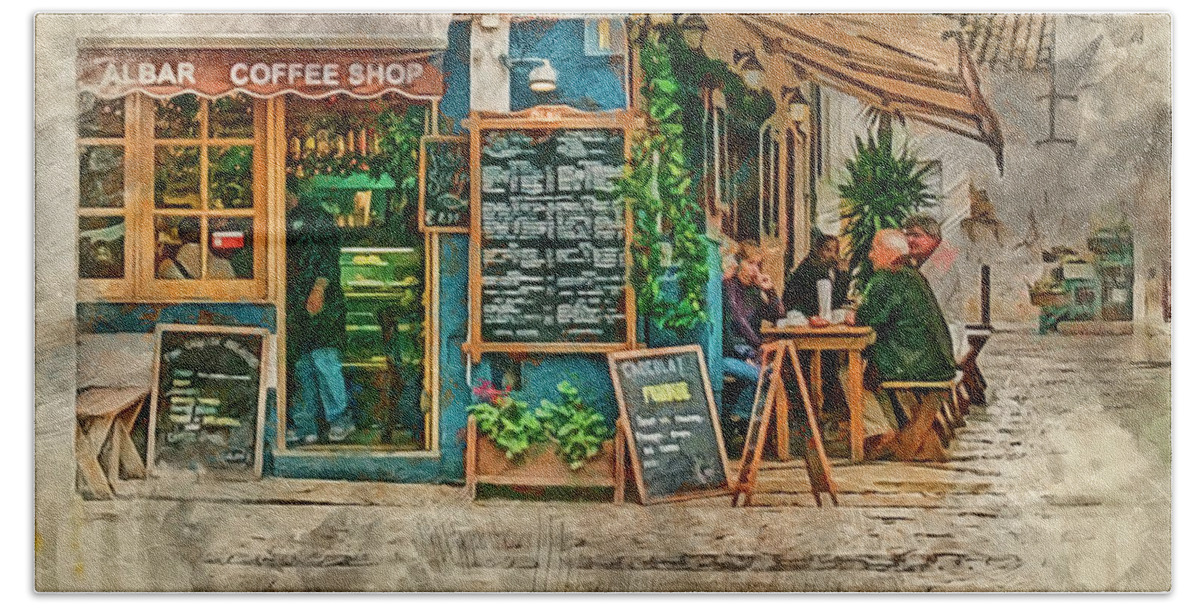 Albar Beach Towel featuring the photograph The Albar Coffee Shop in Alvor. by Brian Tarr