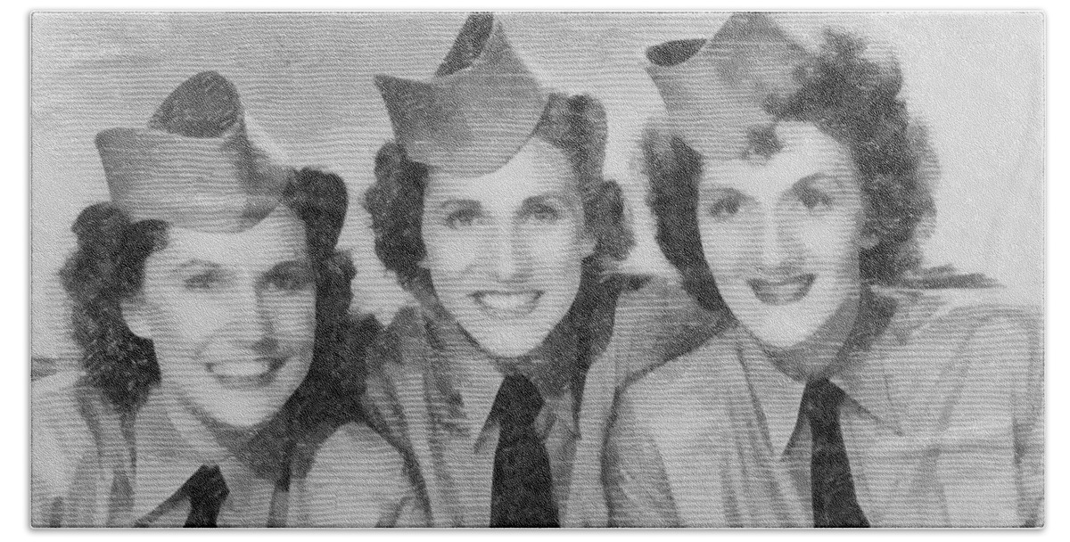 Andrews Beach Towel featuring the drawing The Andrews Sisters by Esoterica Art Agency
