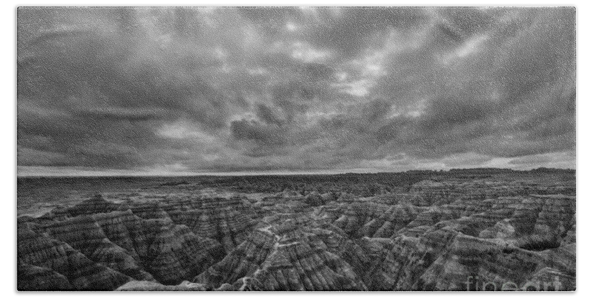 The Badlands Beach Towel featuring the photograph The Badlands BW by Michael Ver Sprill