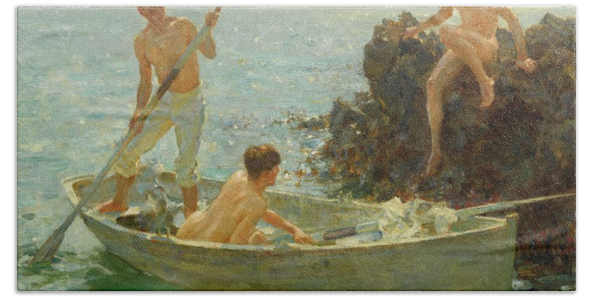Bathing Beach Towel featuring the painting The Bathing Cove by Henry Scott Tuke