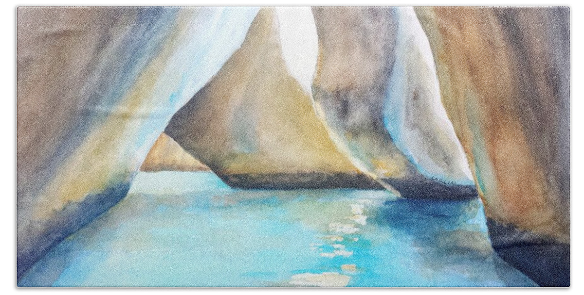 The Bath's Beach Towel featuring the painting The Baths Water Cave Path by Carlin Blahnik CarlinArtWatercolor