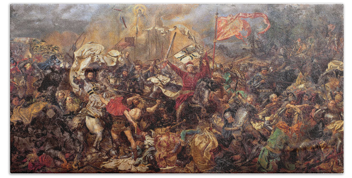 Jan Matejko Beach Towel featuring the painting The Battle of Grunwald by Jan Matejko