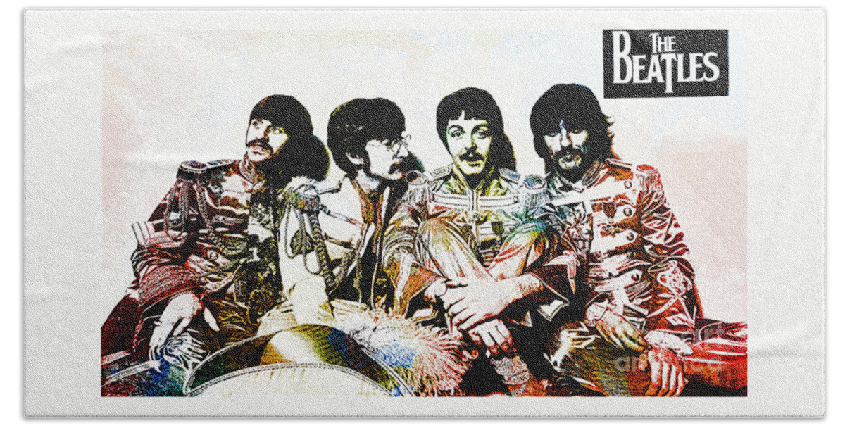 The Beatles Beach Sheet featuring the drawing The Beatles--Sargent Peppers Lonely Hearts Club Band by Ian Gledhill