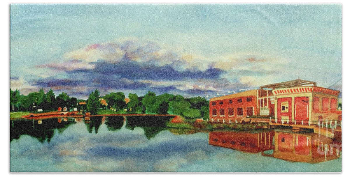 Minnesota Beach Towel featuring the painting The Best Dam Town in Minnesota by Kathy Braud