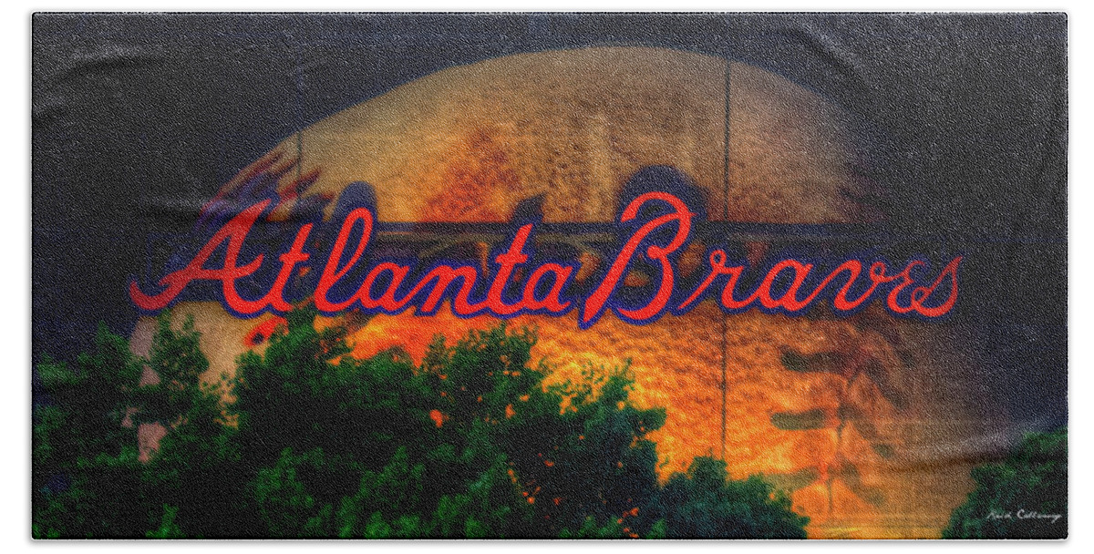 Reid Callaway Atlanta Braves Baseball Images Beach Sheet featuring the photograph Atlanta Braves Baseball The Big Ball Truist Park Architectural Signage Art by Reid Callaway