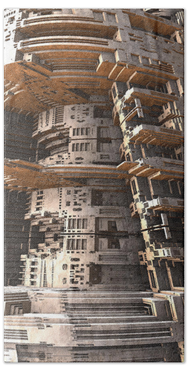 Sciencefiction Scifi Grunge Dystopian Fractal Fractalart Steampunk Mandelbulb3d Mandelbulb Beach Towel featuring the digital art The Big Tower by Hal Tenny