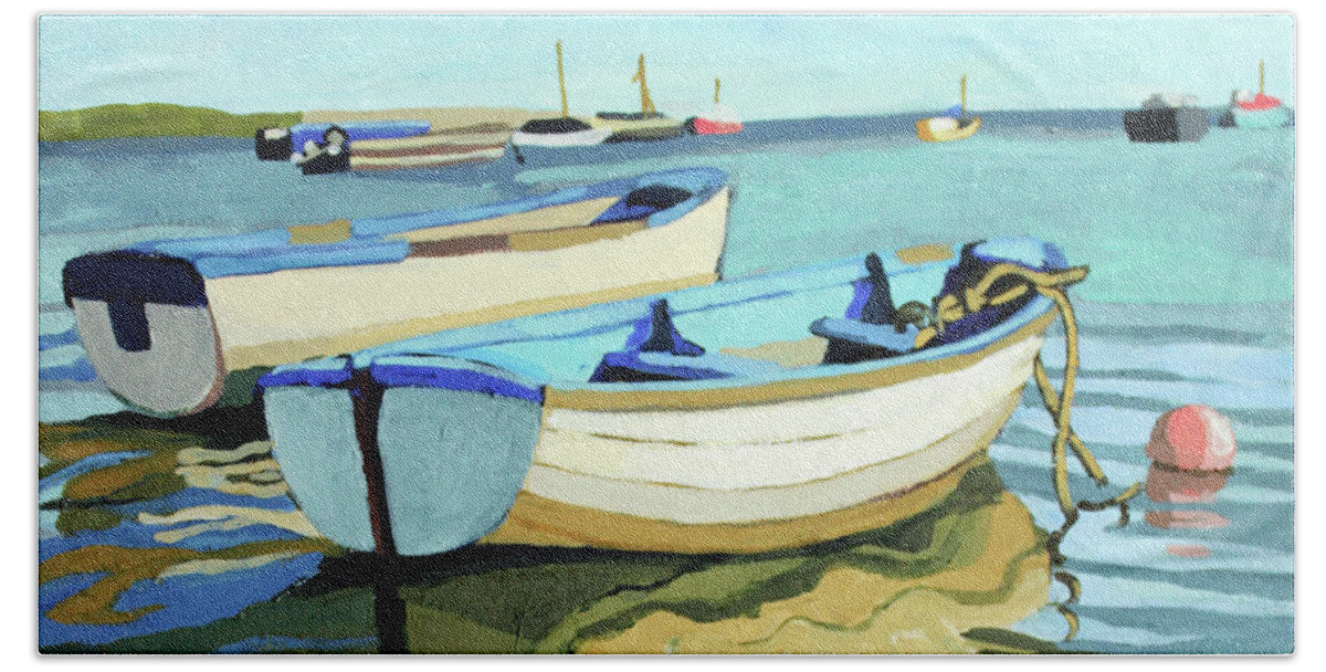 Boats Beach Towel featuring the painting The Blue Boats by Melinda Patrick