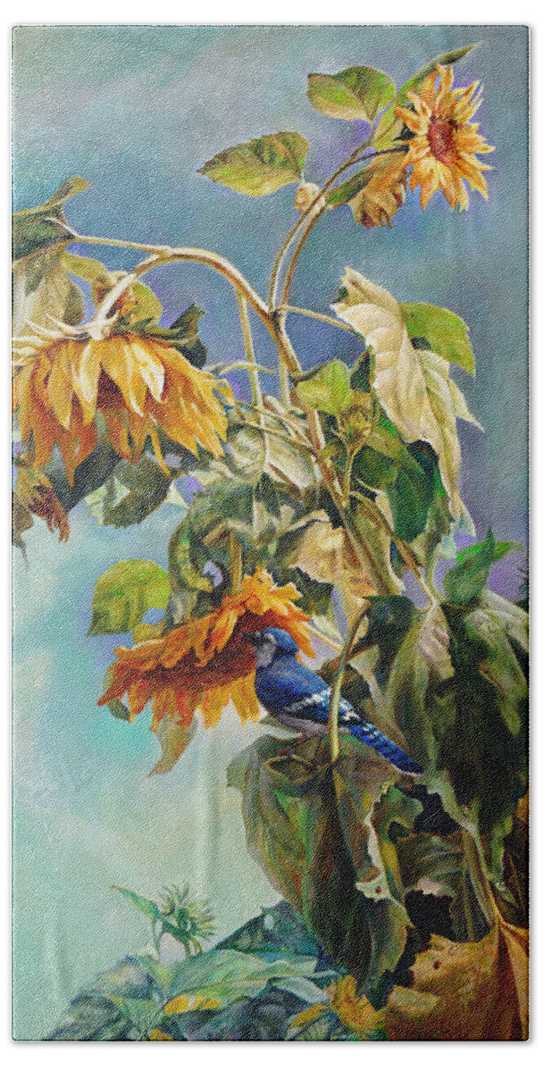 Sunflower Beach Towel featuring the painting The Blue Jay who came to breakfast by Svitozar Nenyuk