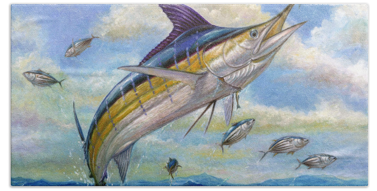 Blue Marlin Beach Sheet featuring the painting The Blue Marlin Leaping To Eat by Terry Fox