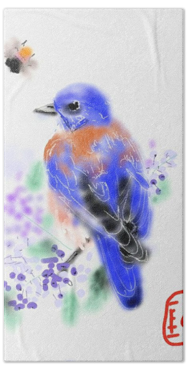 Bird. Bluebird. Berries Beach Sheet featuring the digital art The bluebird sings by Debbi Saccomanno Chan