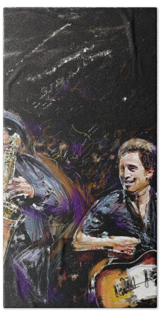 Bruce Springsteen Beach Towel featuring the mixed media The Boss and the Big Man by Russell Pierce