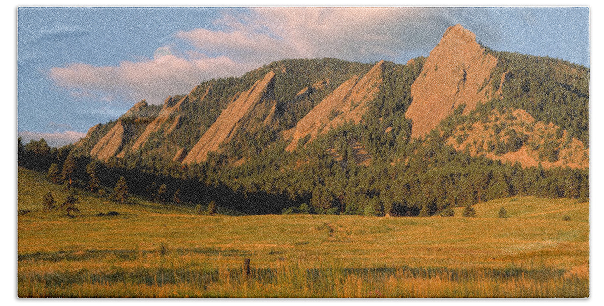 Boulder Beach Towel featuring the photograph The Boulder Flatirons by Jerry McElroy