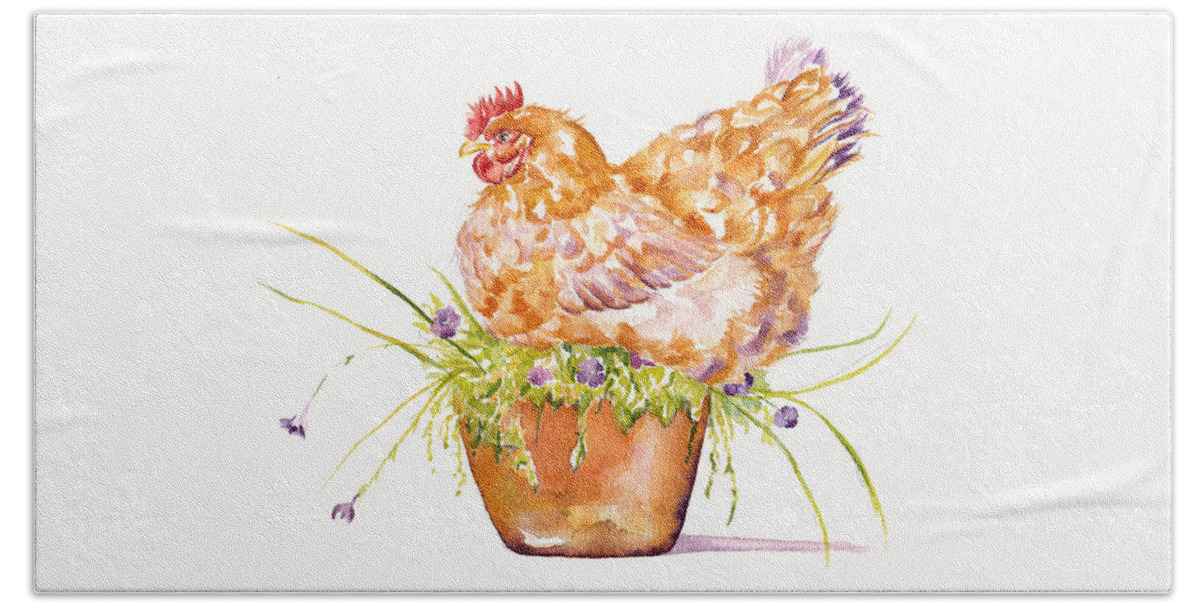 Hen Beach Towel featuring the painting The Broody Hen by Debra Hall