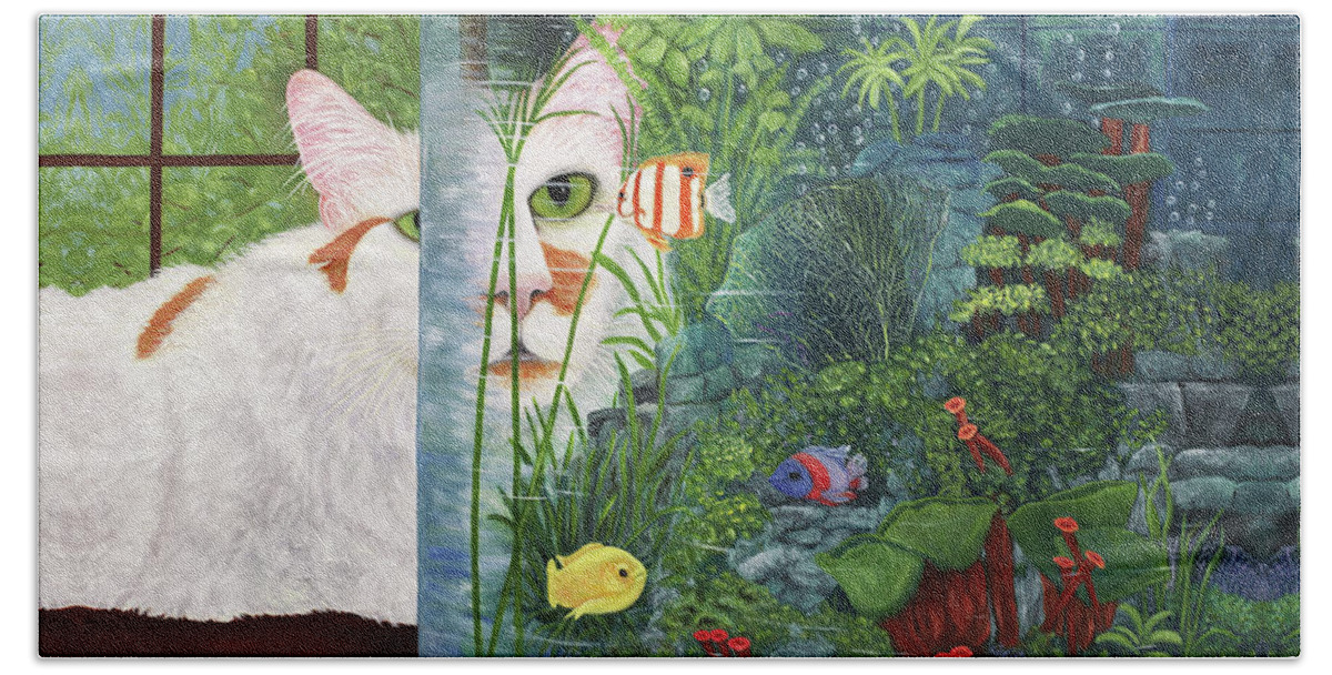 Karen Zuk Rosenblatt Beach Towel featuring the painting The Cat Aquatic by Karen Zuk Rosenblatt