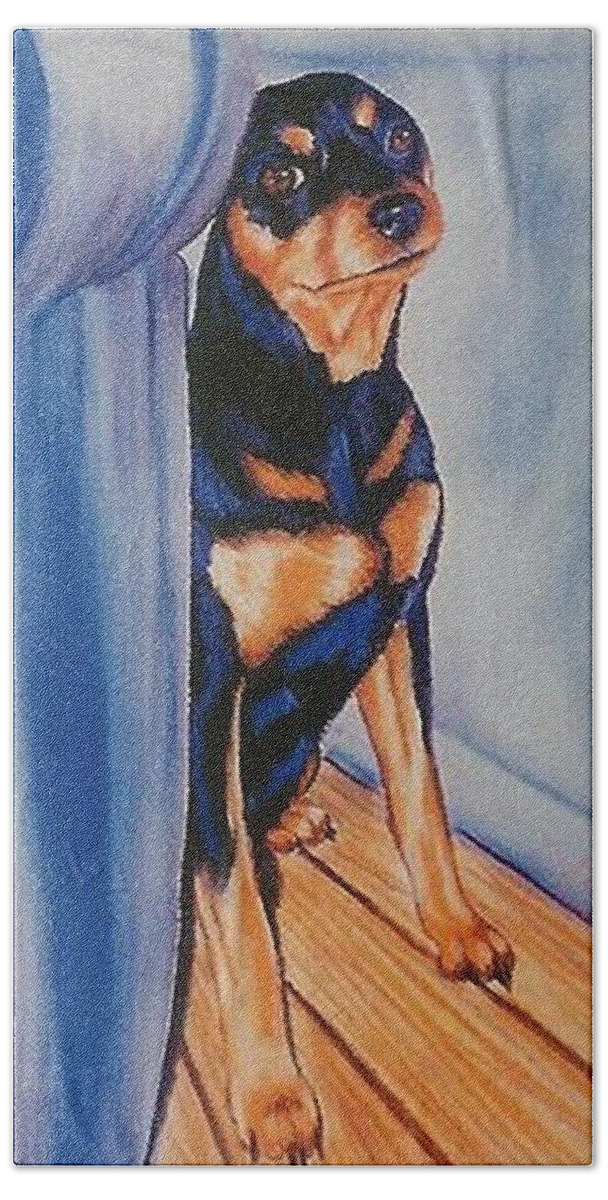 Minpin Beach Towel featuring the pastel The Cat Did It by Barbara Keith