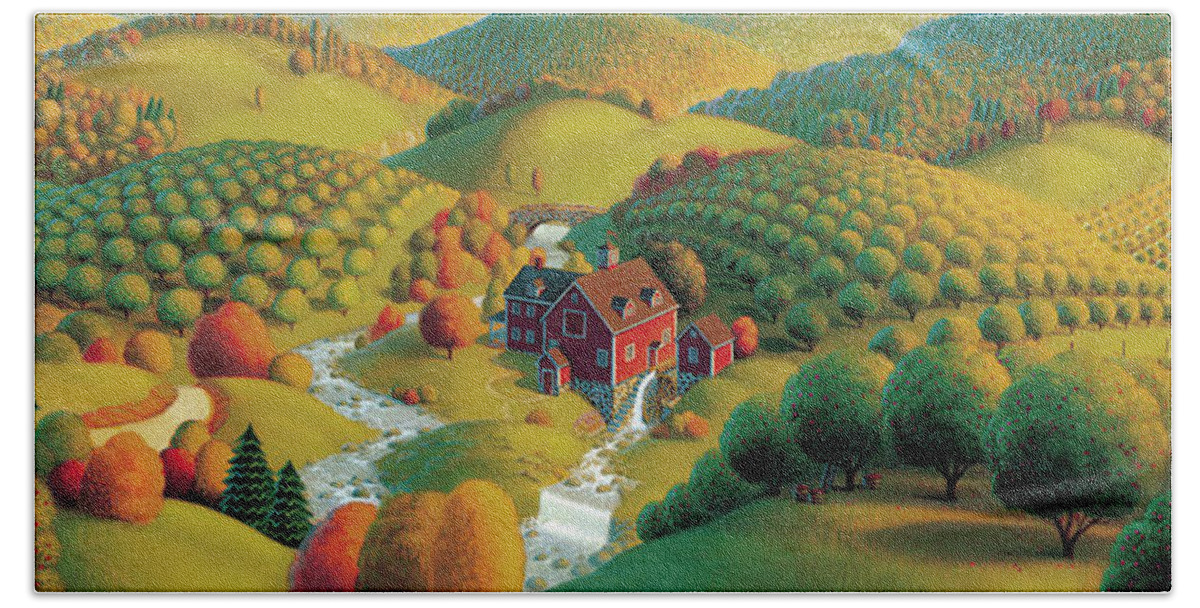 Fall Panorama Autumn Landscape Cider Mill Rural Scenes Apple Orchards Wysocki Like Orchards Prints Babbling Brooks Rolling Hills Fall Paintings Fall Scene Seasonal Paintings Seasonal Prints Fall Paintings Fall Prints Regionalism Grant Wood Folk Painting Folk Realism Painting Americana Prints Americana Paintings Stone Bridge Country Paintings Country Roads Acrylic Paintings Autumn Paintings Nostalgic Paintings Seasonal Paintings Beach Towel featuring the painting The Cider Mill by Robin Moline