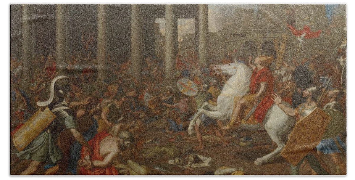 The Conquest Of Jerusalem By Emperor Titus By Nicolas Poussin Beach Sheet featuring the painting The Conquest of Jerusalem by Emperor Titus by Nicolas Poussin, 1638. by Celestial Images