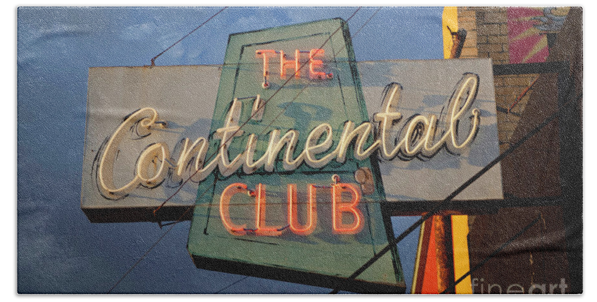 The Continental Club Beach Towel featuring the photograph The Continental Club Sign, an historic South Congress Music Venu by Dan Herron