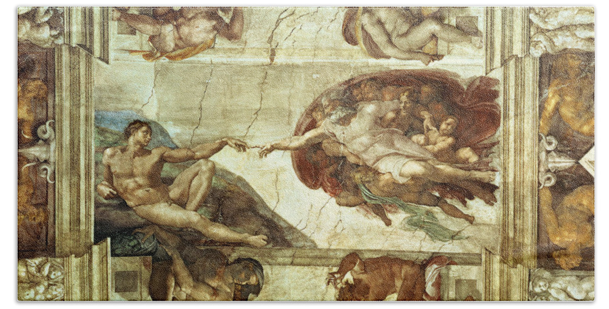 The Creation Of Adam Beach Towel featuring the painting The Creation of Adam by Michelangelo