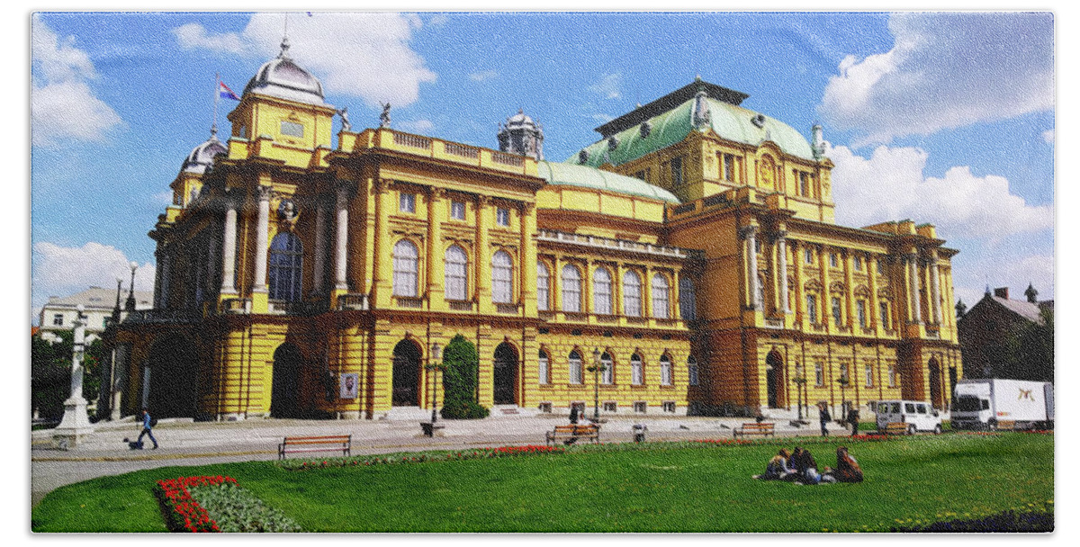 The Croatian National Theater Beach Sheet featuring the photograph The Croatian National Theater In Zagreb, Croatia by Jasna Dragun