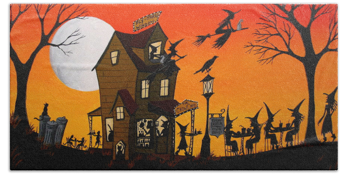 Art Beach Towel featuring the painting The Crow Cafe - Halloween witch cat folk art by Debbie Criswell