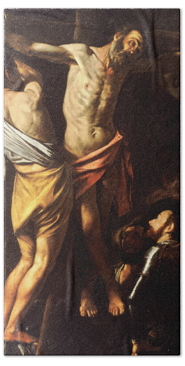 Caravaggio Beach Towel featuring the painting The Crucifixion of Saint Andrew by Caravaggio