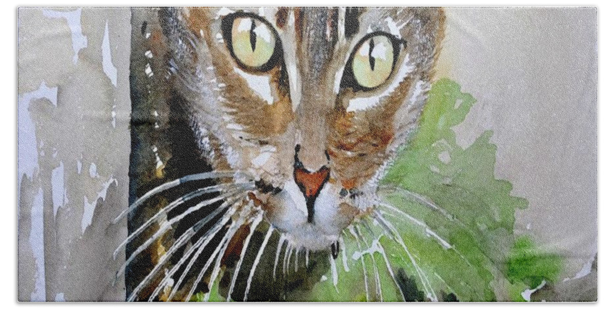 Cute Beach Sheet featuring the painting The Curious Tabby Cat by Taiche Acrylic Art