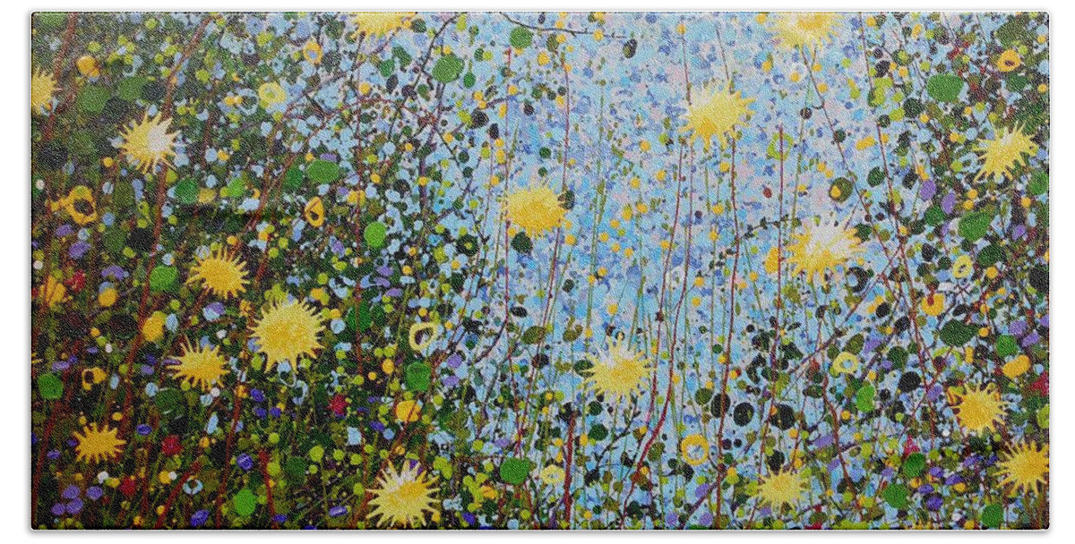 Dandelions Beach Towel featuring the painting The dandelion patch by Angie Wright