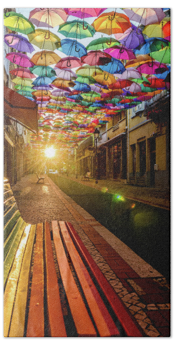 Floating Umbrellas Beach Towel featuring the photograph The Dawn Of A Colorful Day by Marco Oliveira
