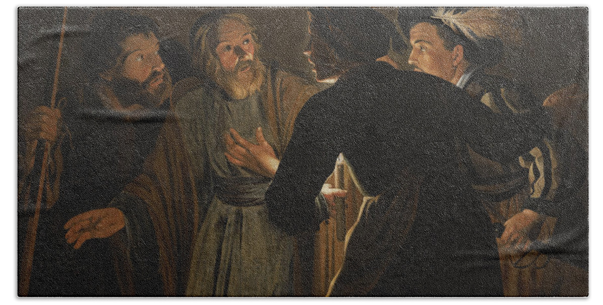 Follower Of Gerard Seghers Beach Towel featuring the painting The Denial of Saint Peter by Follower of Gerard Seghers