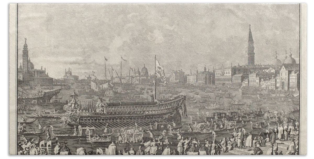  Beach Towel featuring the drawing The Doge In The Bucintoro Departing For The Porto Di Lido On Ascension Day by Giovanni Battista Brustolon After Canaletto