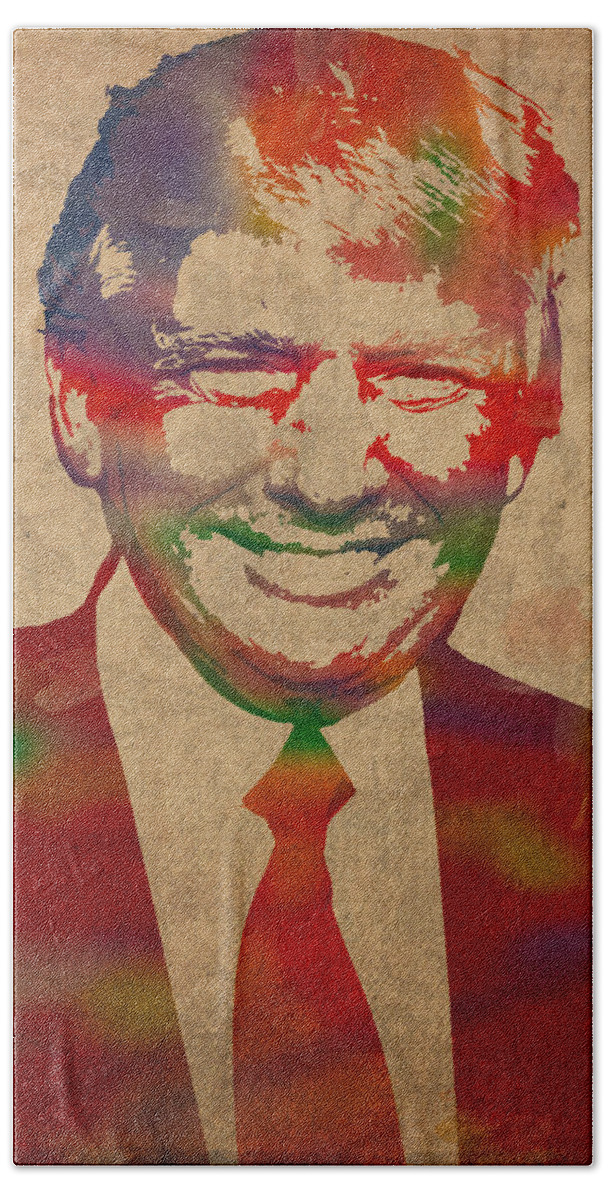 The Donald Beach Towel featuring the mixed media The Donald Trump Watercolor Portrait on Distressed Canvas by Design Turnpike