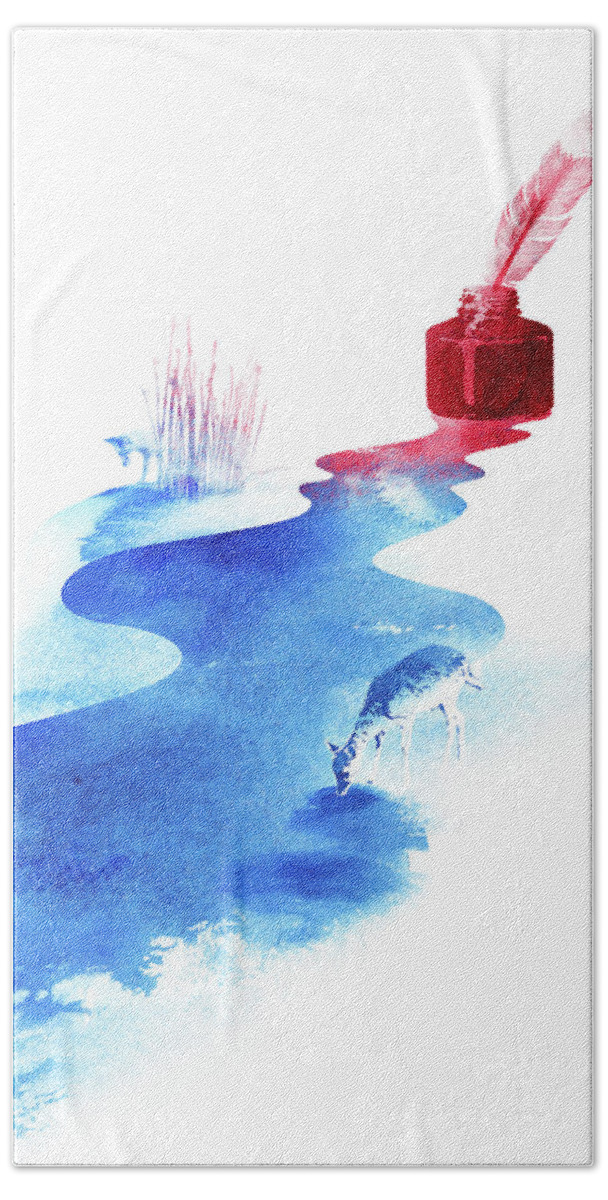 Fox Beach Towel featuring the mixed media The drama of causality by Robert Farkas