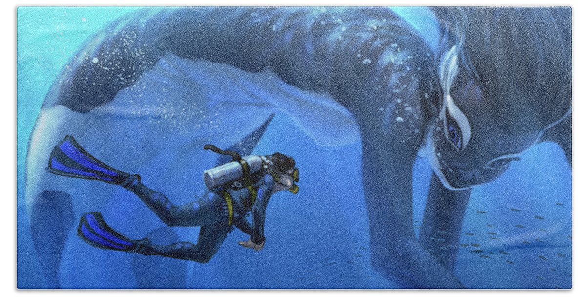 Mermaid Merwhale Fantasy Marine Beach Towel featuring the digital art The Encounter by Aaron Blaise