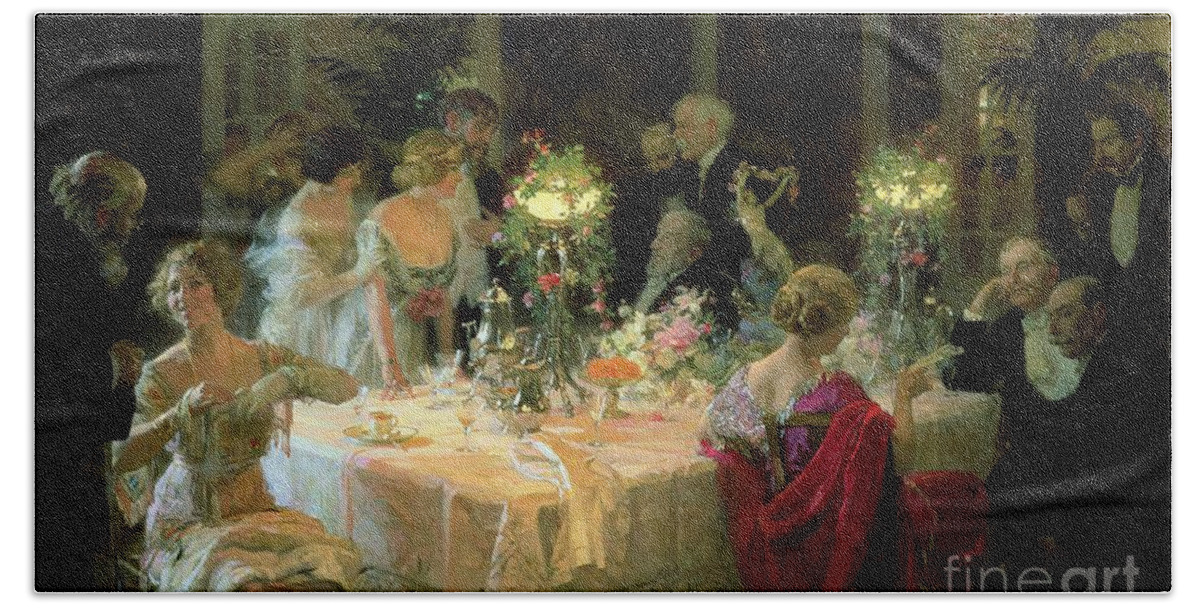 The Beach Towel featuring the painting The End of Dinner by Jules Alexandre Grun