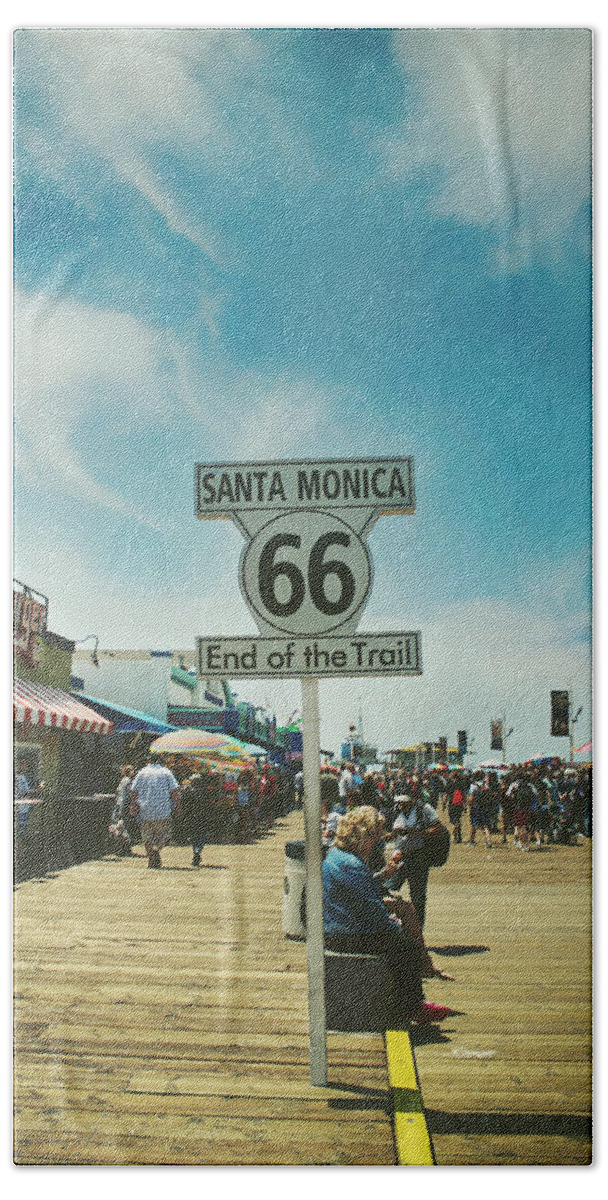 Santa Monica Pier Beach Towel featuring the photograph The End of Sixty-Six by Laurie Search