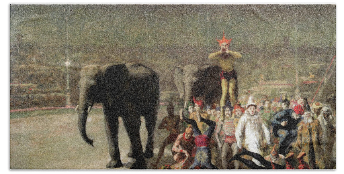 Émile Friant - The Entrance Of The Clowns 1881 Beach Towel featuring the painting The Entrance of the Clowns by emile Friant
