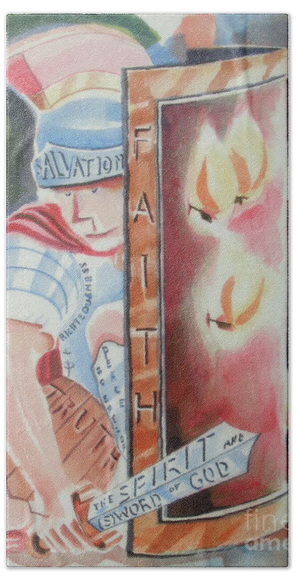The Fiery Darts Of The Evil One Beach Towel featuring the painting The Fiery Darts of the Evil One by Kip DeVore
