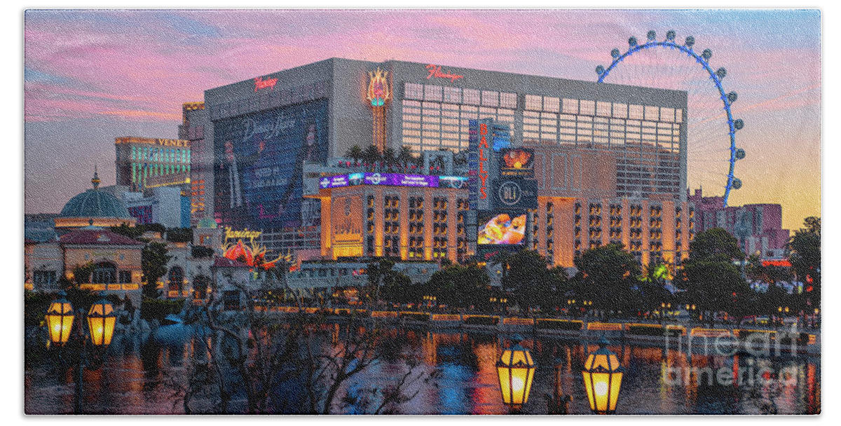 The Flamingo Beach Towel featuring the photograph The Flamingo Casino at Dawn 2 to 1 Ratio by Aloha Art