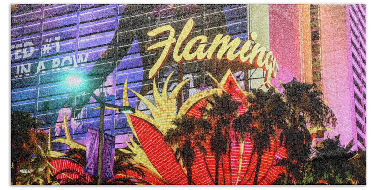 The Flamingo Neon Sign Beach Towel featuring the photograph The Flamingo Neon Sign and Palm Trees Wide by Aloha Art