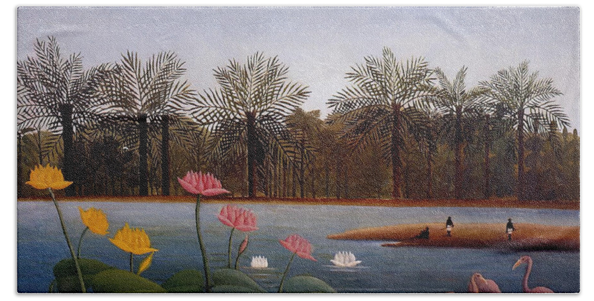 Henri Rousseau Beach Towel featuring the painting The Flamingoes by Henri Rousseau