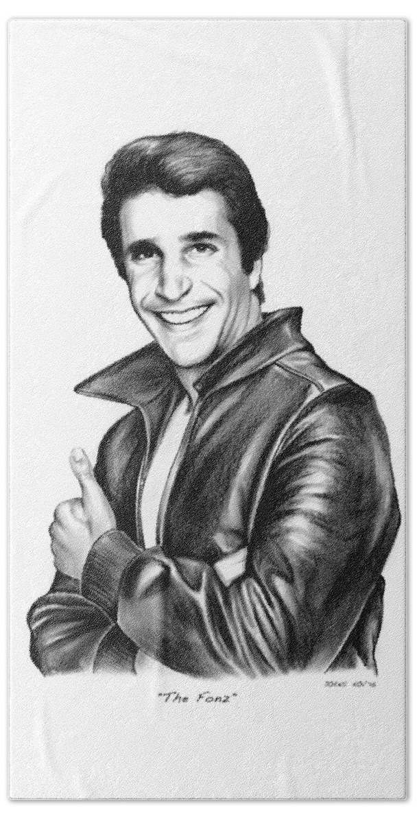 Happy Days Beach Towel featuring the drawing The Fonz by Greg Joens
